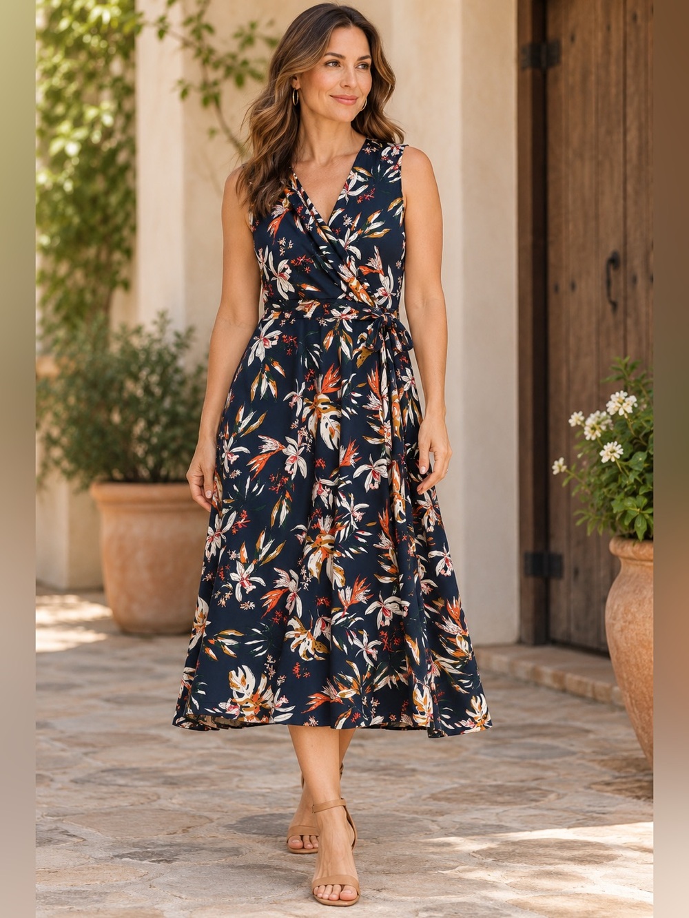 Sleeveless Floral Faux Wrap Midi Dress - Navy
